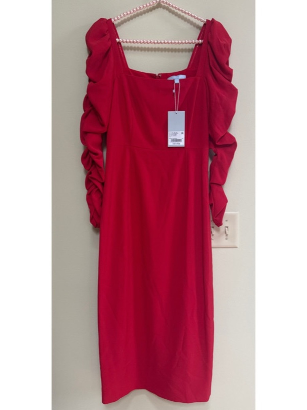 Elena Crepe Square Neck Long Ruched Sleeves Midi Dress - Picture 3 of 7